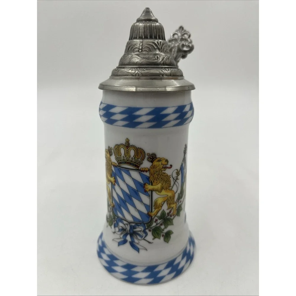 Vintage Kuhr Muhlried German Porcelain Beer Stein Pewter Lid Bavarian Lion Blue